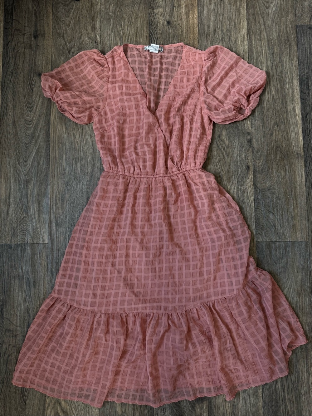 A. Calin by Flying Tomato Pink Check Wrap Style Midi Dress Puff Sleeves L